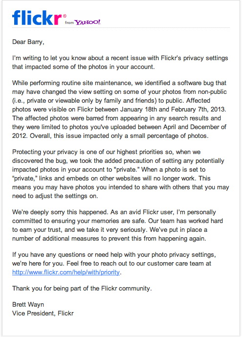 flickr-bug-privacy-settings-email Flickr bug ໄດ້ປ່ຽນການຕັ້ງຄ່າຄວາມເປັນສ່ວນຕົວຈາກເອກະຊົນມາເປັນຂ່າວແລະການທົບທວນຄືນຂອງສາທາລະນະຊົນ