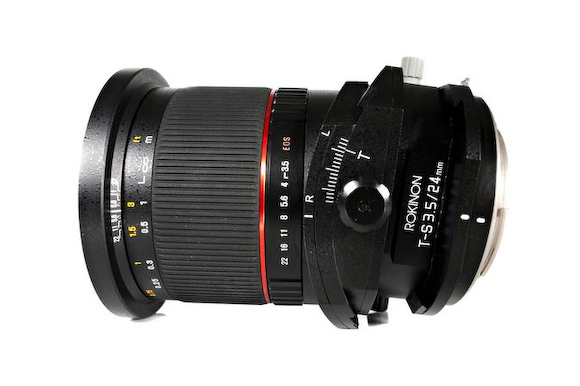 Rokinon Tilt-Shift 24mm F/3.5 lens shifts 12 mm and tilts 8.5 degrees